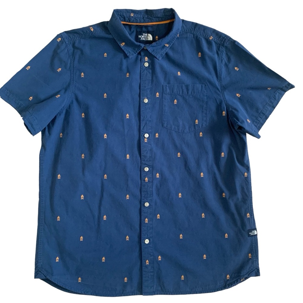 The North Face Short Sleeve Button Down Shirt Blue Bonfire Campfire Size…